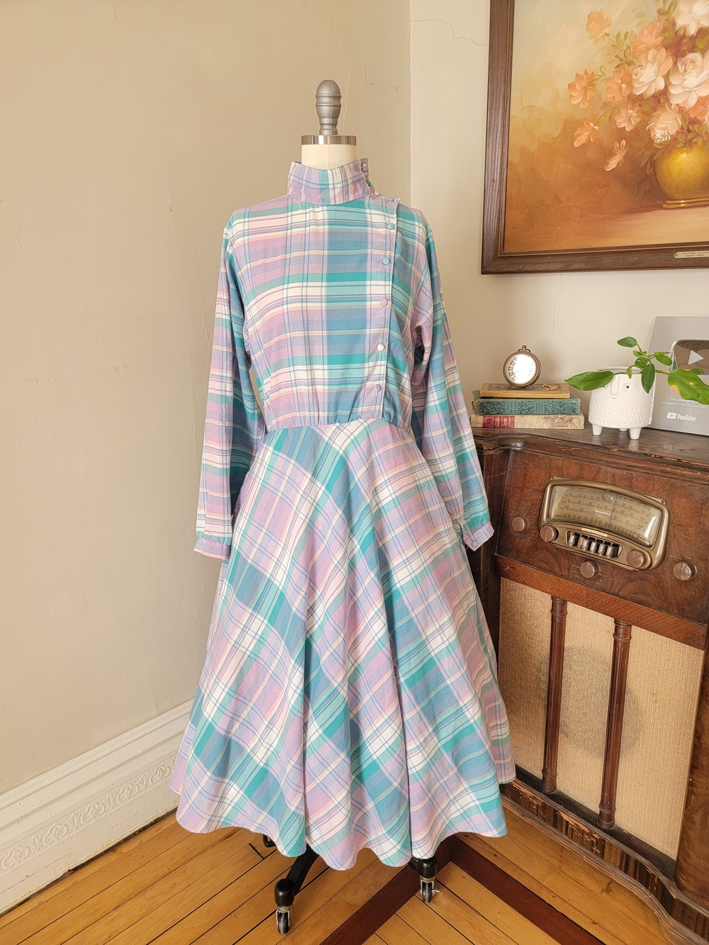 Vintage 80's Pastel Plaid Retro Swing Dress Medium Large